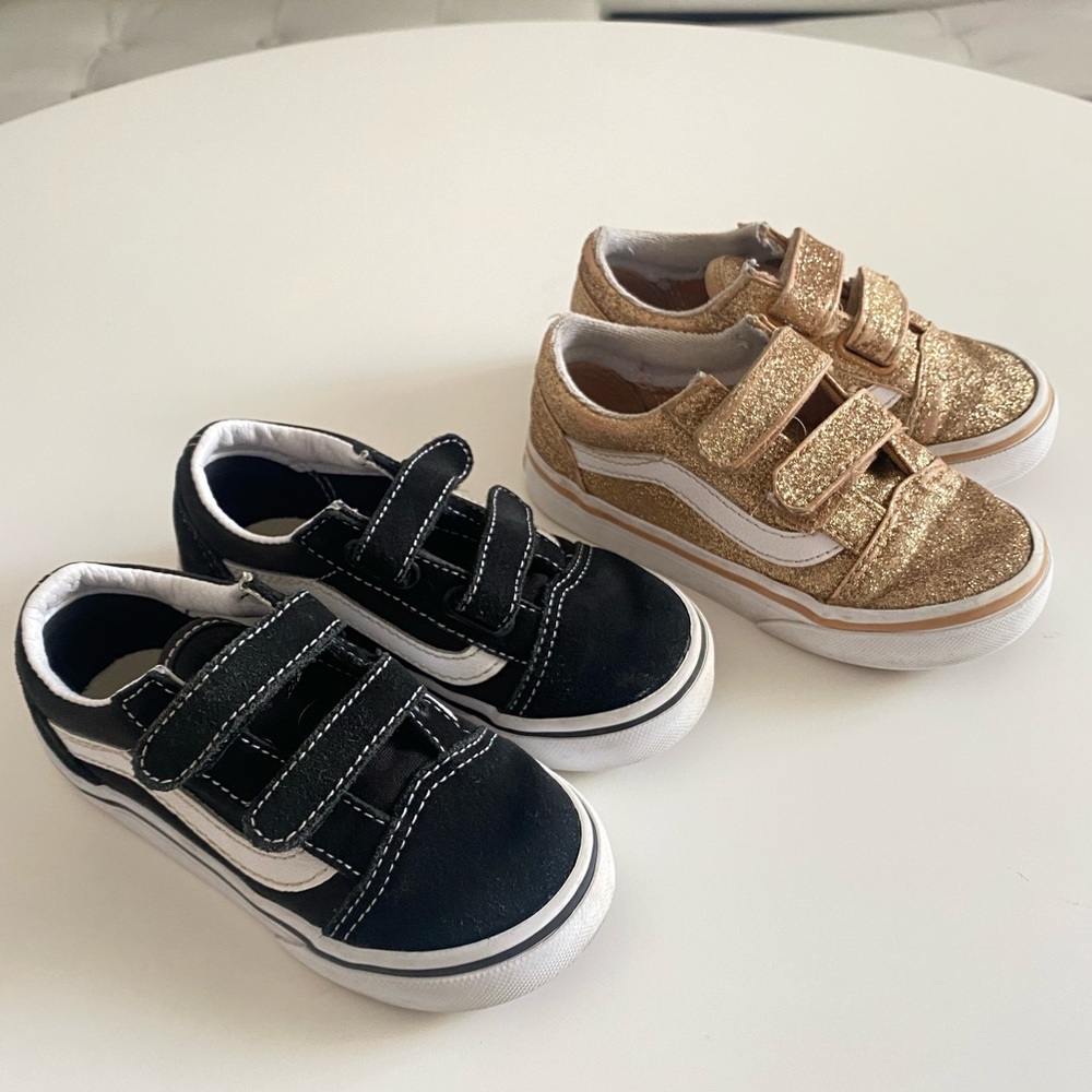 2 pairs of toddler vans Velcro sneakers black sz 8 gold glitter sz 8.5